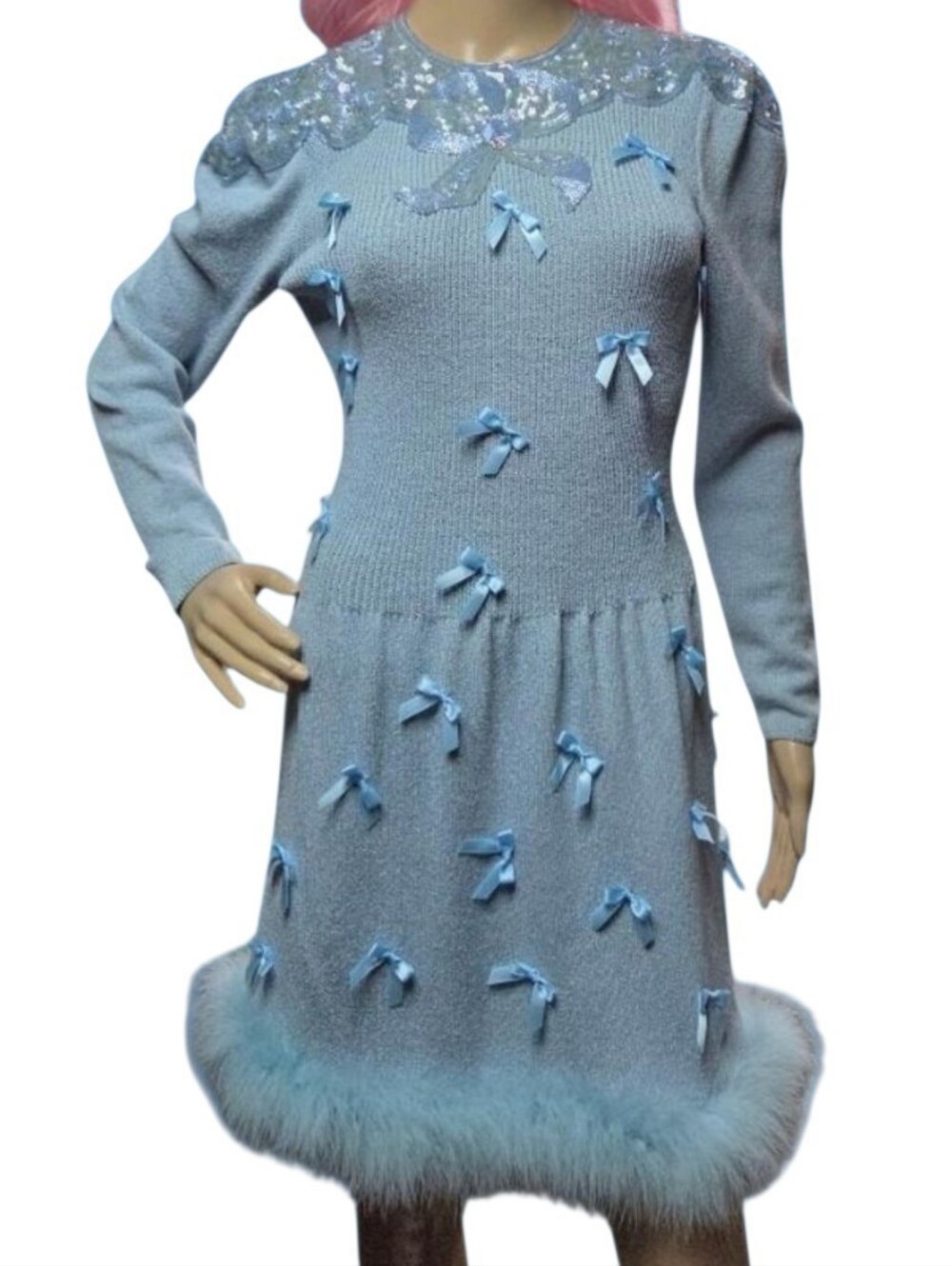 Vintage Blue Sweater Dress Embellished Beaded Sequin Bow Marabou Trim 6